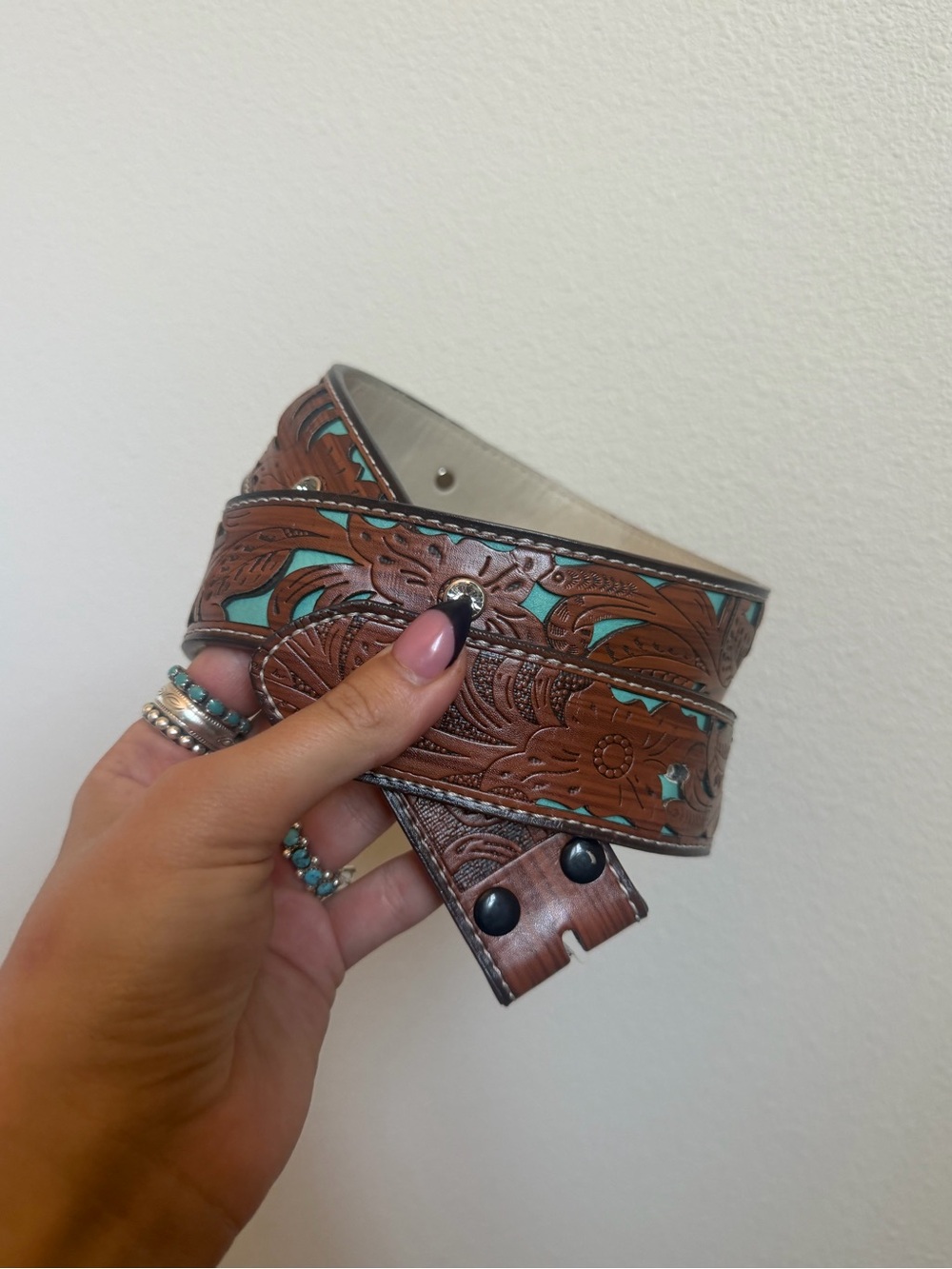 Hand-Tooled Brown Leather Belt with Turquoise Inlay